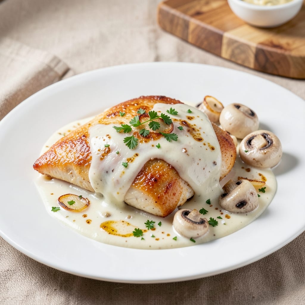 Baked Chicken in White Sauce Recipe: Velvety Mushroom Cream With Crispy Skin