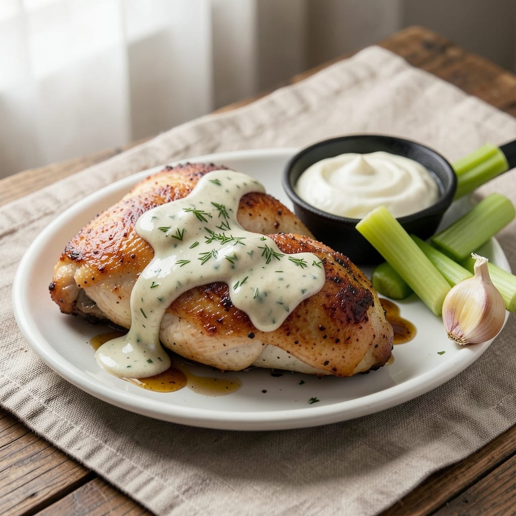 Baked Chicken Thighs Recipe With Ranch Dressing: Celery-Crusted Crunch and Tangy Yogurt Fusion