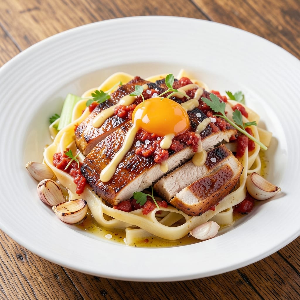 Birds Eye Garlic Chicken Pasta Recipe: Celery-Crusted Crunch and Garlicky Yolk Streaks