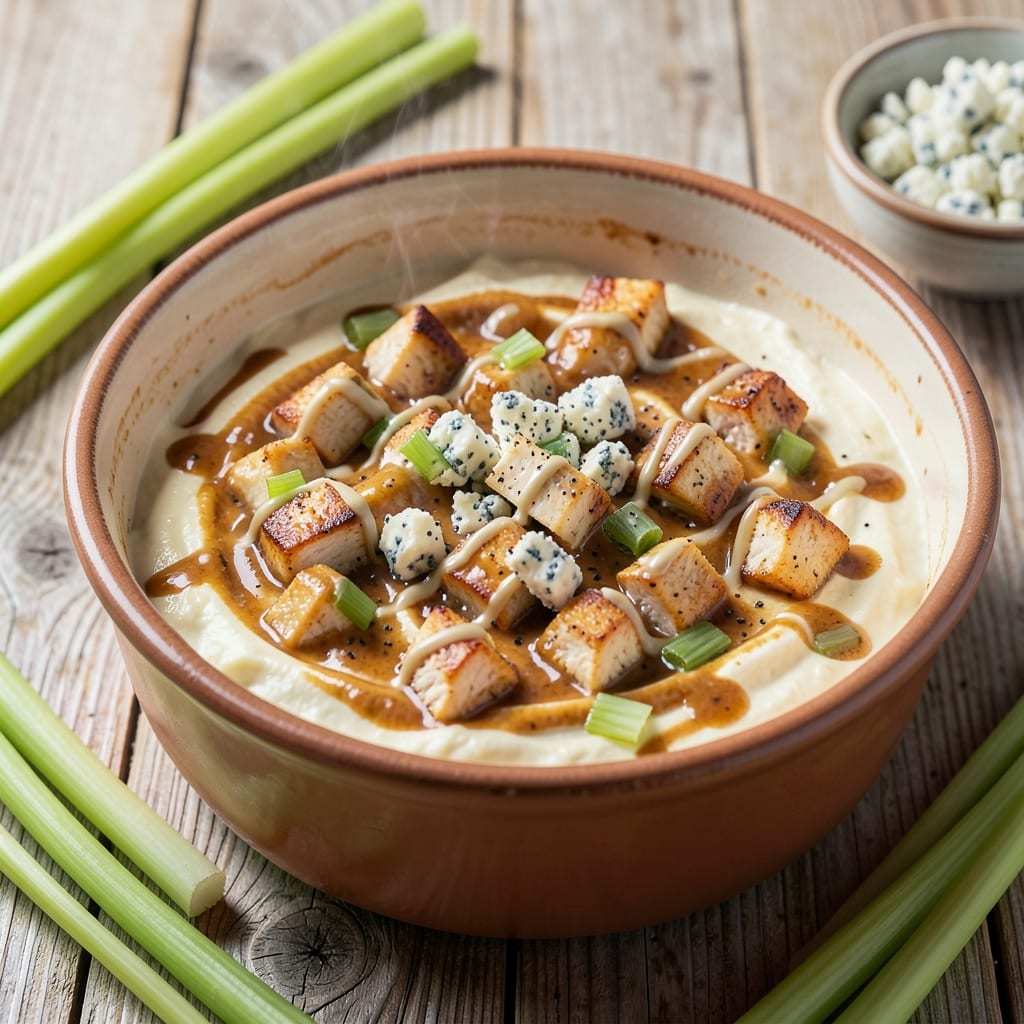 Buffalo Chicken Breast Dip Recipe: Crock Pot Creamy Crunch With Celery Topping