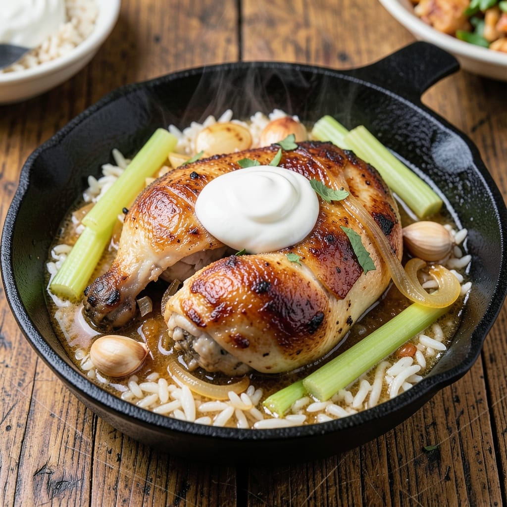 Bottom of the Pot Chicken and Rice Recipe: Celery-Crusted Crunch with Savory Yogurt Streaks